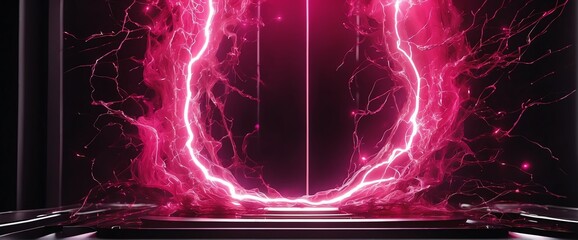 pink pure energy with electrical electricity plasma power fusion on plain black background from Generative AI