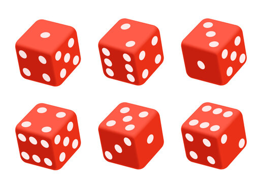 Red dice with white dots. Vector set isolated on white background. 3d dice.