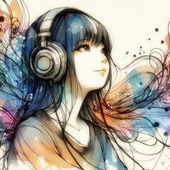 Asian girl enjoying music wearing headphone illustration with Generative AI.