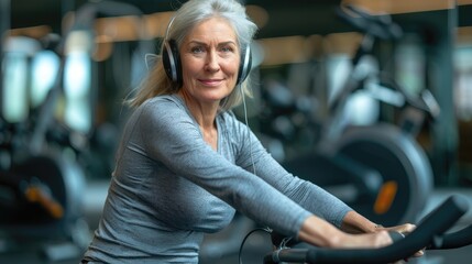 Mature woman with headphones on a stationary bike in a gym.