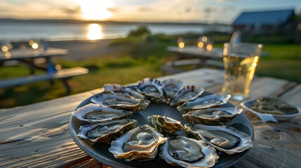 Fresh oysters on a plate beside a glass of wine at sunset. outdoor dining experience by the sea. savoring seafood delicacies in nature. AI