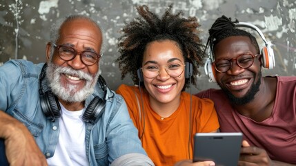 Three smiling people with headphones sharing a phone.
