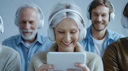 Senior woman with headphones and tablet enjoying time with family.