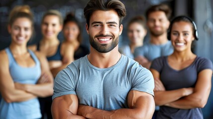 Confident young man leading a fitness class with group in the background. - Powered by Adobe