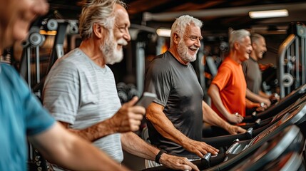 Elderly men enjoying a cardio workout on treadmills. - obrazy, fototapety, plakaty