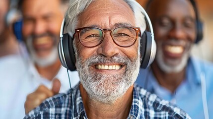 Smiling elderly man with headphones and friends. - obrazy, fototapety, plakaty