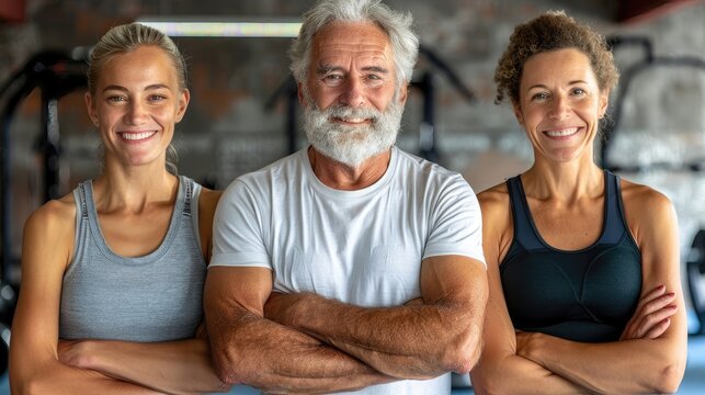 Two women and an older man posing in the gym. - Powered by Adobe