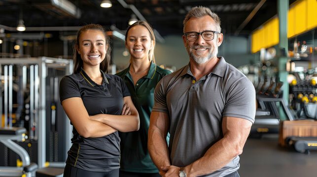 Group of fitness trainers posing in a gym.