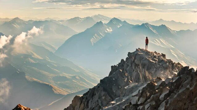 Adventurous hiker on rocky mountain terrain under a clear blue sky. Outdoor exploration and adventure concept.