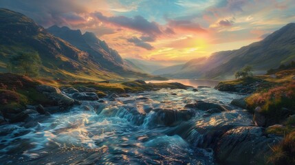 Scenic Mountains and River Landscape in Wales with a Beautiful Sunset View and Clouds in Blue Sky - obrazy, fototapety, plakaty