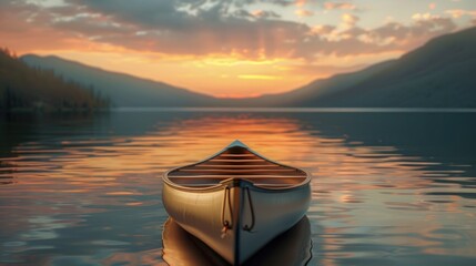 Serene Summer Sunset: Canoeing in a Calm Mountain Lake with an Aluminum Canoe