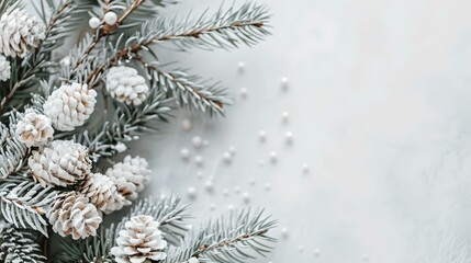 Frosted pine cones and spruce branches on a white background. seasonal winter decoration, simple elegant holiday theme. natural style, space for text. AI