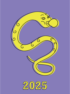 Illustration in two colors with a silhouette of a cheerful snake symbol of 2025 in vector