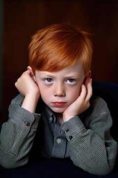 image of a boy sitting and looking at the camera while holding his head