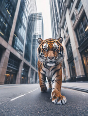 Tigre caminando por una carretera entre edificios modernos - obrazy, fototapety, plakaty