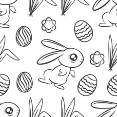 Seamless hand-drawn pattern of rabbits, bunnies, eggs, flower and leaves on a white background. Vector illustration