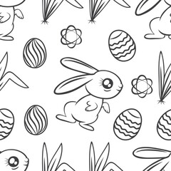 Seamless hand-drawn pattern of rabbits, bunnies, eggs, flower and leaves on a white background. Vector illustration
