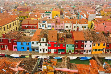 Aerial view of colored houses in Burano, Italy.