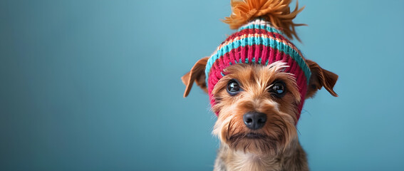 Adorable yorkshire terrier wearing a festive striped hat, perfect for april fool's day fun and humor.