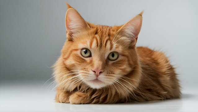 Lying tabby ginger cat isolated on white background..