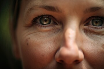 close-up of woman's face, with peaceful and serene expression, during yoga and meditation in natural setting - obrazy, fototapety, plakaty