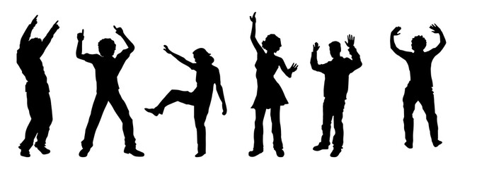 Silhouette group of people happily dancing in party wearing fashionable outfit - obrazy, fototapety, plakaty