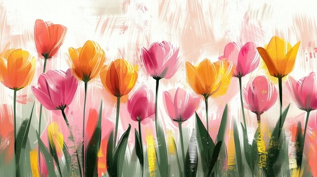 Abstract tulips, pink and yellow flowers on isolated white clean background. Hand drawn illustration, soft pastel colors, minimalistic, simple lines, floral, green leaves, pink petals. Spring postcard