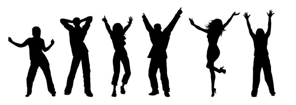 Silhouette group of people happily dancing in party wearing fashionable outfit
