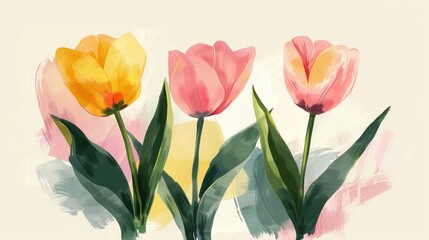 Abstract tulips, pink and yellow flowers on isolated white clean background. Hand drawn illustration, soft pastel colors, minimalistic, simple lines, floral, green leaves, pink petals. Spring postcard