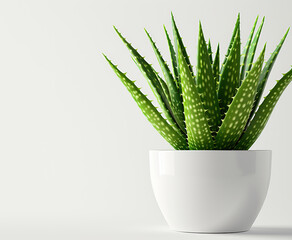 Aloe Vera in a White Pot. Isolated on a White Background with Copy Space. 