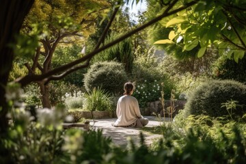 person, meditating in peaceful garden, with gentle breeze and birdsong