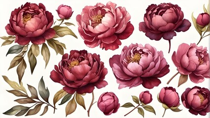 For graphic materials, burgundy peony clipart in watercolor