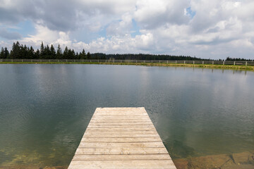 An empty wooden pier by a small lake. - 763821739