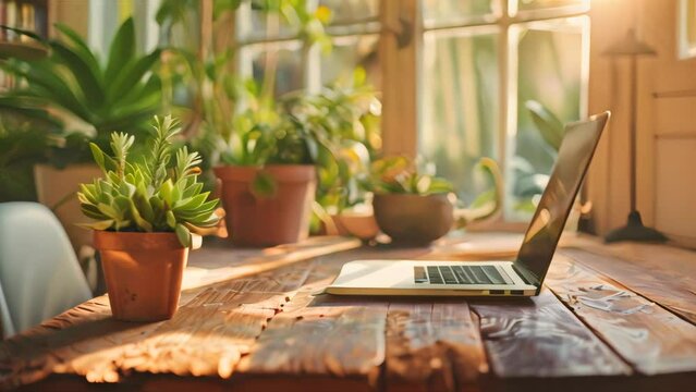 Variety of succulent plants on a sunny office desk with a laptop and notebook. Productive workspace concept with natural elements for poster, banner.