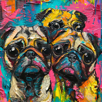 Vertical seamless pattern modern art sad pug dogs funny cute adorable faces bright bold colors with paint and brushstroke texture art house style background wallpaper