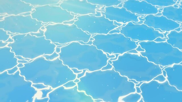 The water surface sparkles and sways as the light shines through it. Drawn in anime style.