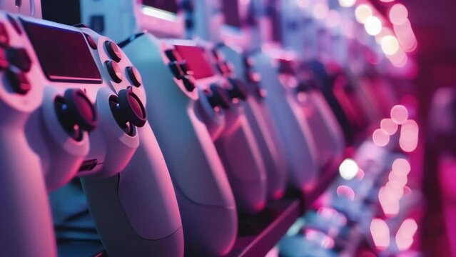A group of controllers lined up in a row ready for action as their owners prepare for a tournament in the world of cybersports.