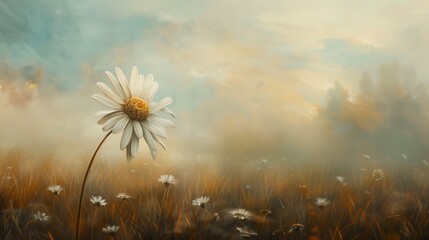 Amidst a tranquil meadow, a solitary daisy stands tall, its delicate petals catching the soft morning light. - obrazy, fototapety, plakaty