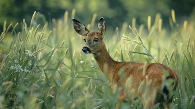 Roe deer doe walking through meadow with tall grass.