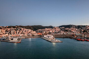 Panoramic view of port of Genoa on Mediterranean coast early morning