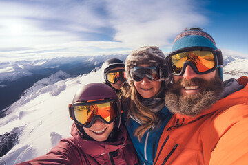 a family takes a selfie while at the top of the mountain ski resort - 763822544