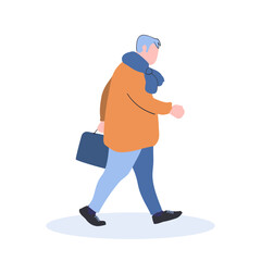 An energetic elderly man walks quickly. A character in a yellow jacket and a blue scarf with a briefcase. Gray hair and excess weight. Isolated cartoon Flat vector illustration