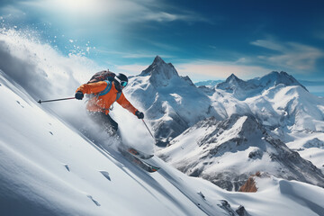 a skier seen in profile descending through virgin snow in high mountains while enjoying his vacation - 763822581