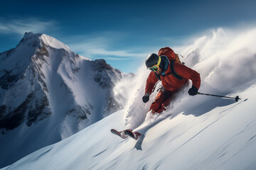 a skier seen in profile descending through virgin snow in high mountains while enjoying his vacation - 763822583
