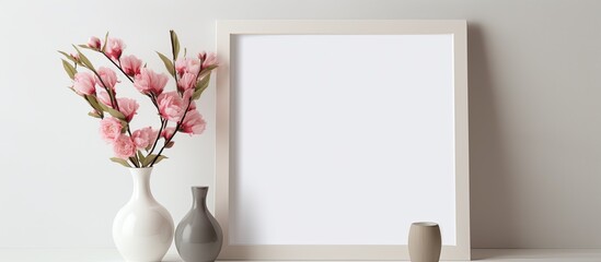 A wooden picture frame is displayed on a table alongside two vases filled with beautiful flowers. The arrangement creates a lovely floral art display - obrazy, fototapety, plakaty
