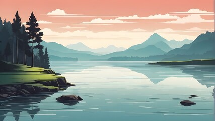 mysterious lake flat vector simple isolated drawing - obrazy, fototapety, plakaty
