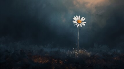 As twilight falls, a solitary daisy stands sentinel in a sea of darkness. - obrazy, fototapety, plakaty