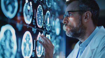 Intense portrait of knowledgeable medical experts in lab coats examining a complete body radiograph image using CT scans and MRIs in a sterile hospital setting.