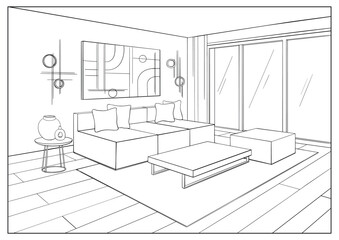 Sketch living room Interior design. Hand draw outline vector illustration home furniture, décor, modern couch, table.