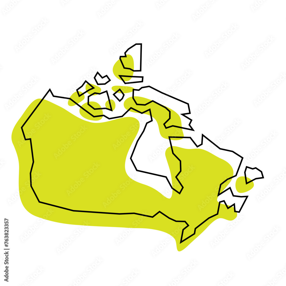 Wall mural Canada country simplified map. Green silhouette with thin black contour outline isolated on white background. Simple vector icon - Wall murals